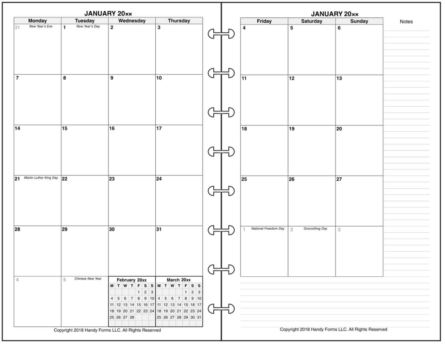 Junior Size Disc Binding Monthly Planner, 2 Pages Per Month, 7-Column Month, No Lines
