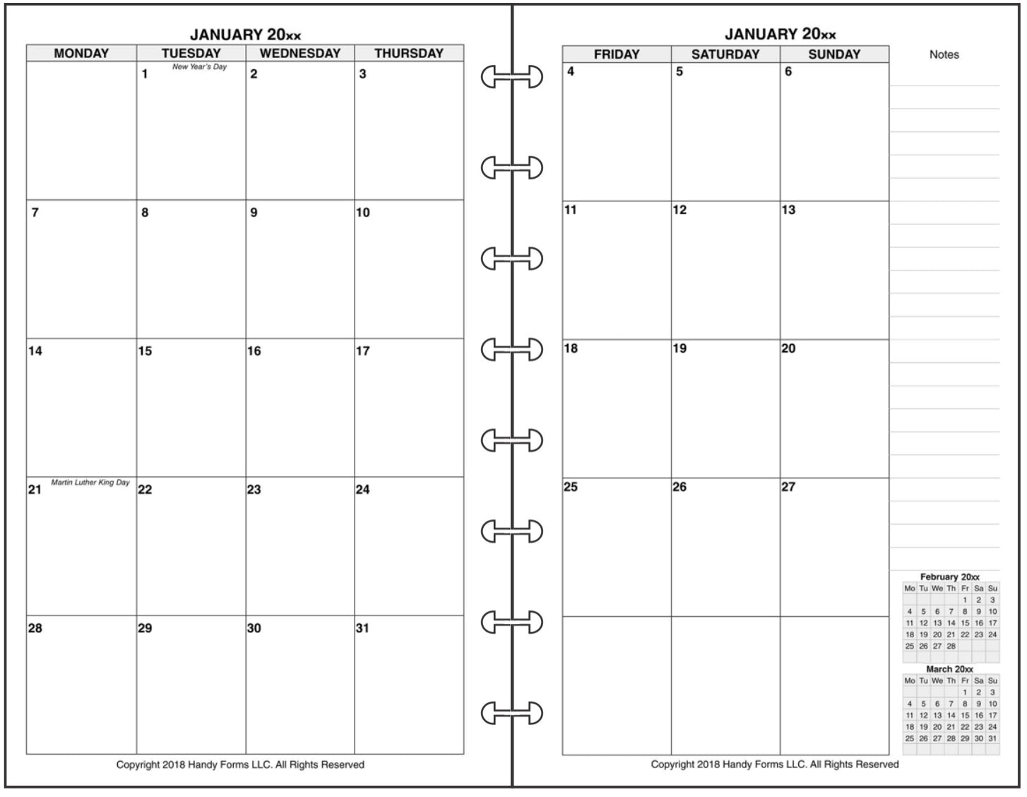 Junior Size Disc Binding Monthly Planner, 2 Pages Per Month, 8-Column Month, No Lines