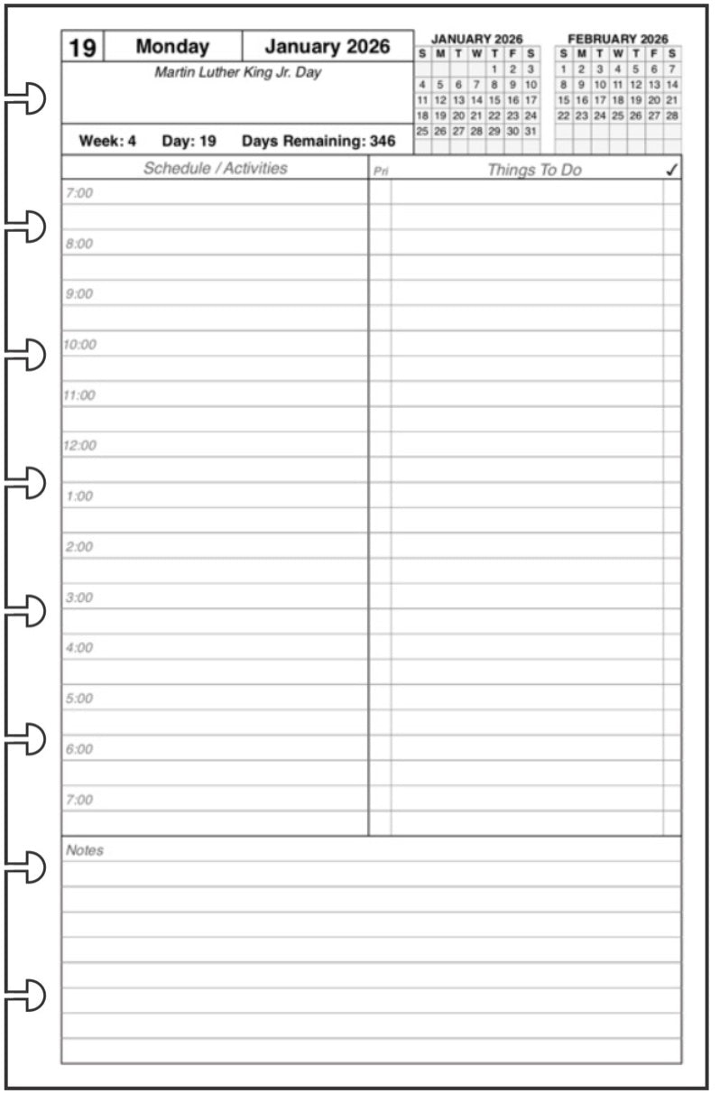 Junior Daily and Monthly Planner, 1 Page Per Day, 2 Pages Per Month, With Lines, Style A