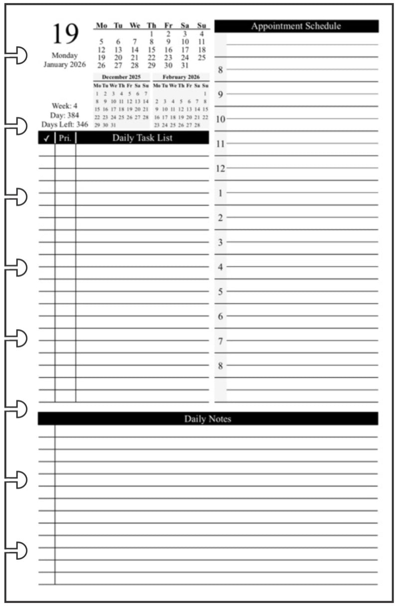 Junior Daily and Monthly Planner, 1 Page Per Day, 2 Pages Per Month, With Lines, Style D