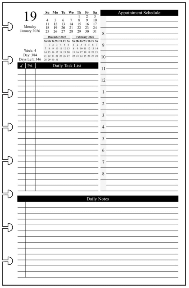 Junior Daily and Monthly Planner, 1 Page Per Day, 2 Pages Per Month, With Lines, Style D