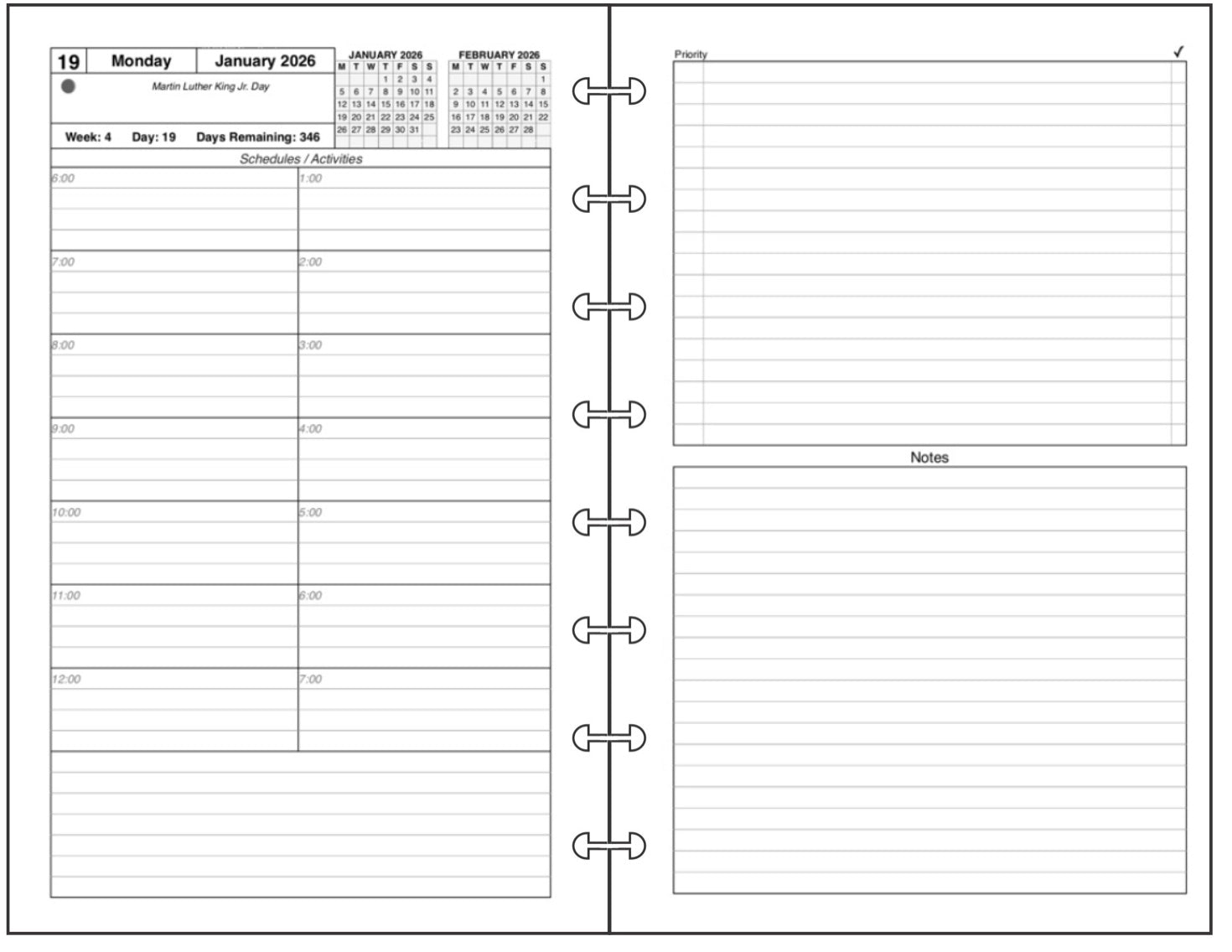 Junior Daily and Monthly Planner, 2 Pages Per Day, 2 Pages Per Month, With Lines, Style C