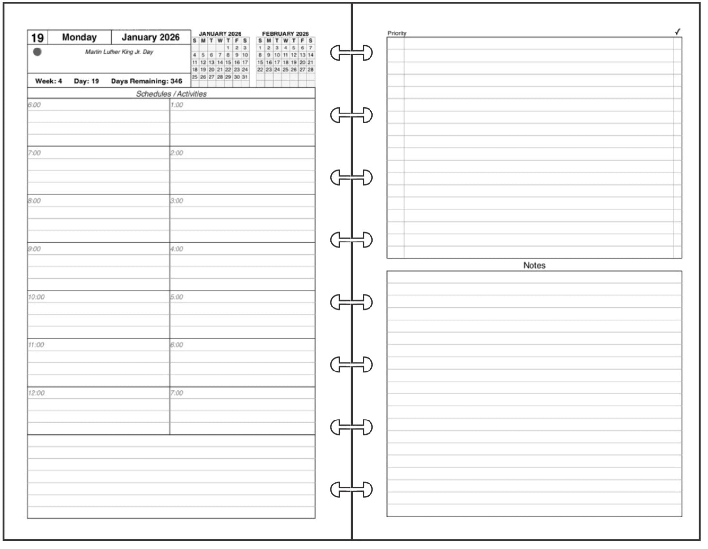 Junior Daily and Monthly Planner, 2 Pages Per Day, 2 Pages Per Month, With Lines, Style C