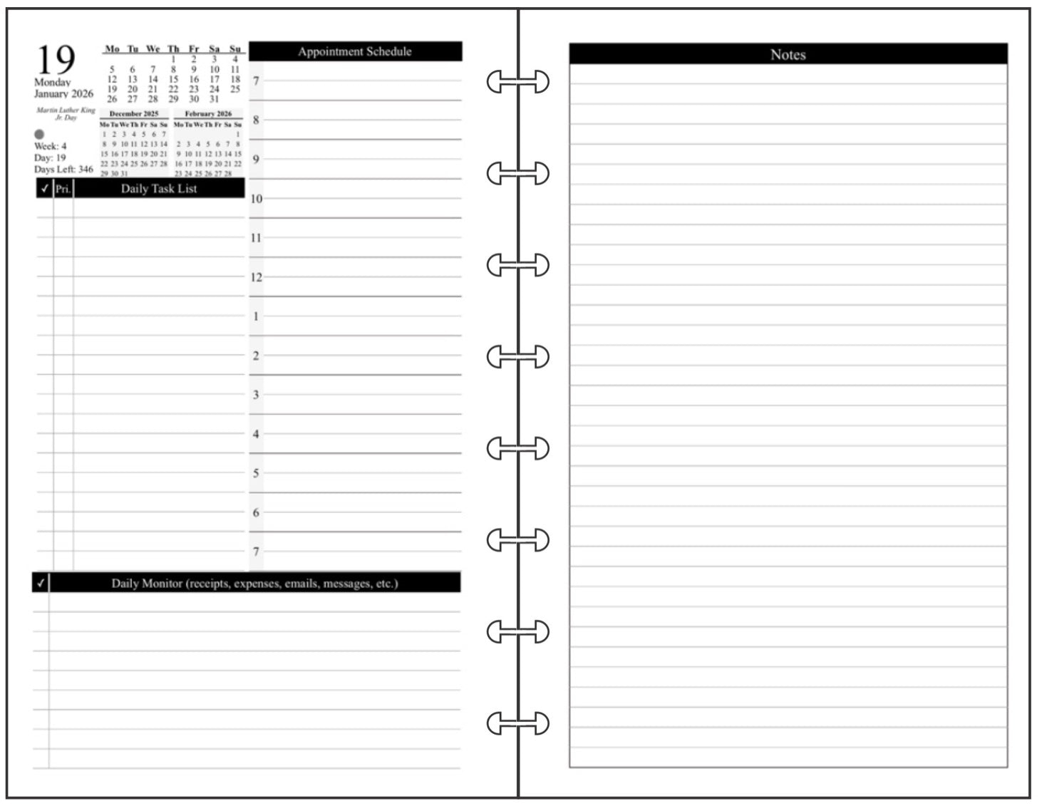 Junior Daily and Monthly Planner, 2 Pages Per Day, 2 Pages Per Month, With Lines, Style D