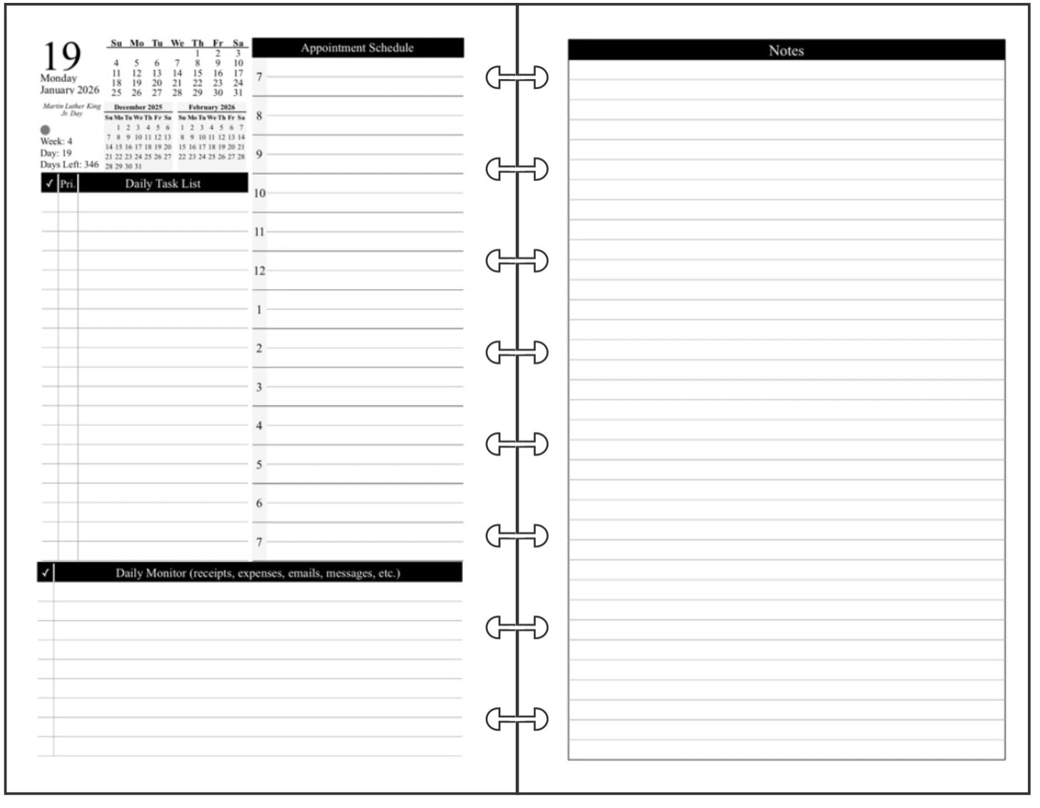 Junior Daily and Monthly Planner, 2 Pages Per Day, 2 Pages Per Month, With Lines, Style D
