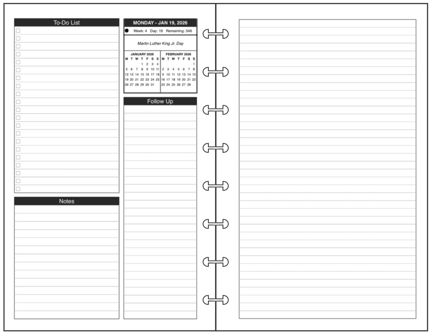 Junior Daily and Monthly Planner, 2 Pages Per Day, 2 Pages Per Month, With Lines, Style D