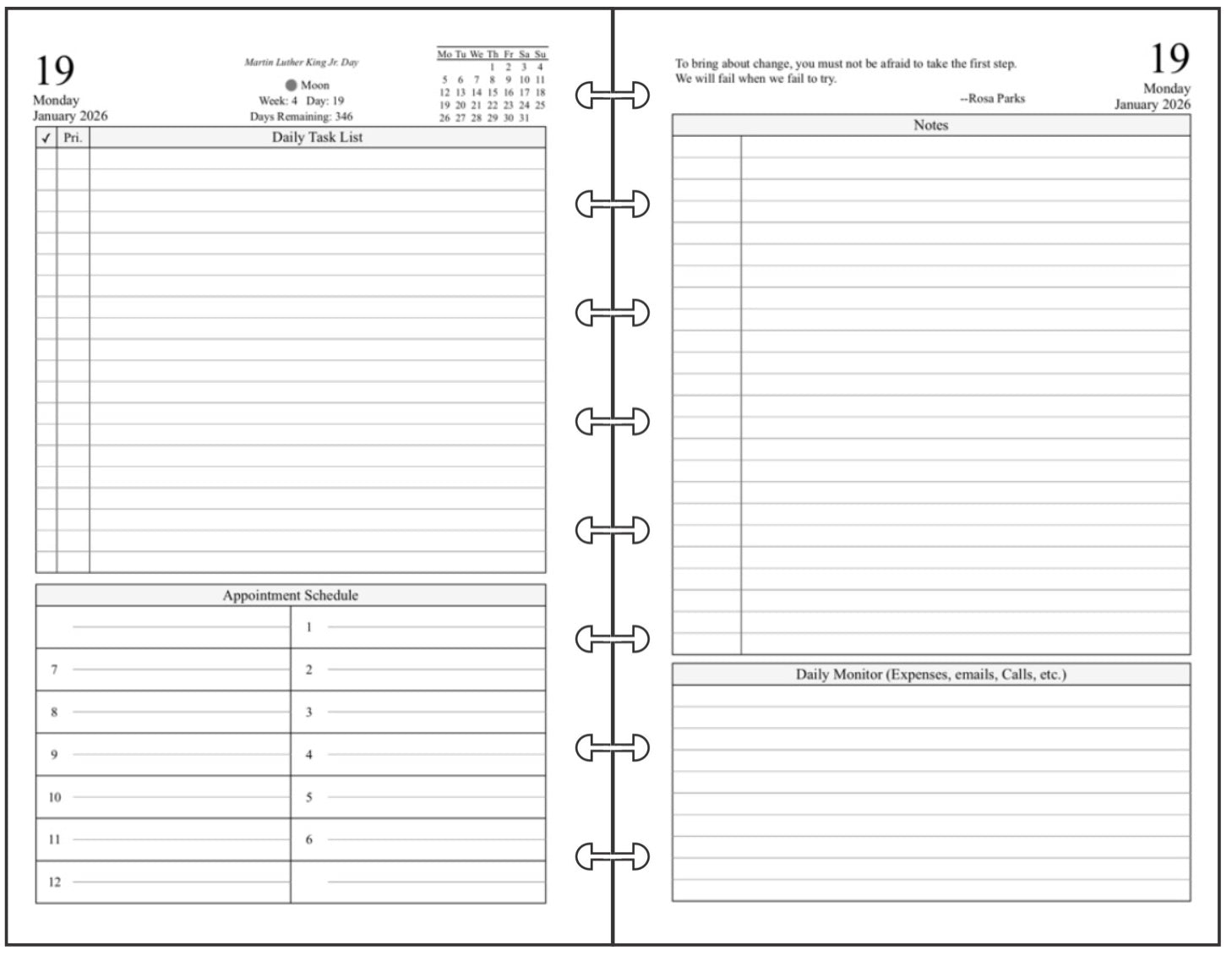 Junior Daily and Monthly Planner, 2 Pages Per Day, 2 Pages Per Month, With Lines, Style D