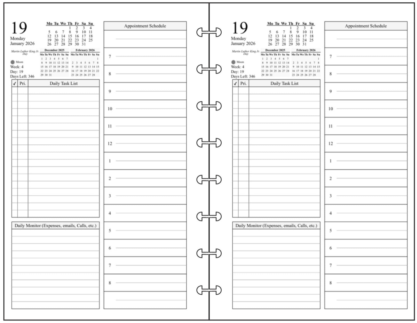 Junior Daily and Monthly Planner, 2 Pages Per Day, 2 Pages Per Month, With Lines, Style D1