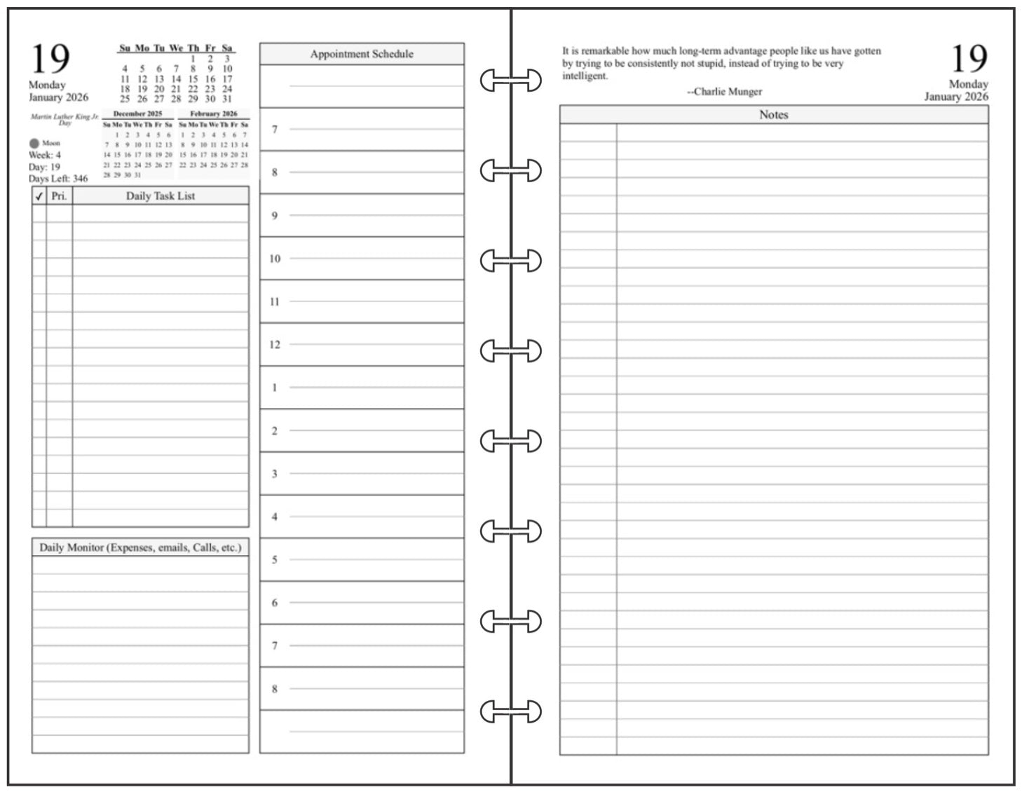 Junior Daily and Monthly Planner, 2 Pages Per Day, 2 Pages Per Month, With Lines, Style D1